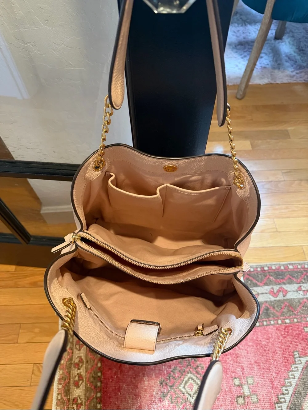 Tory Burch Blush Pink Pebbled Leather Shoulder Tote with Gold Chain Handles